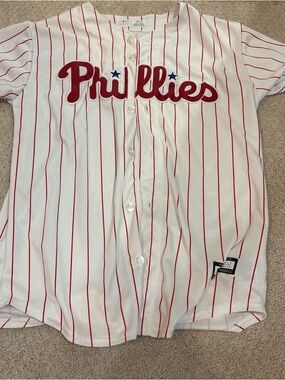 MLB Philadelphia Phillies White and Red Pinstripe Button-Up Jersey